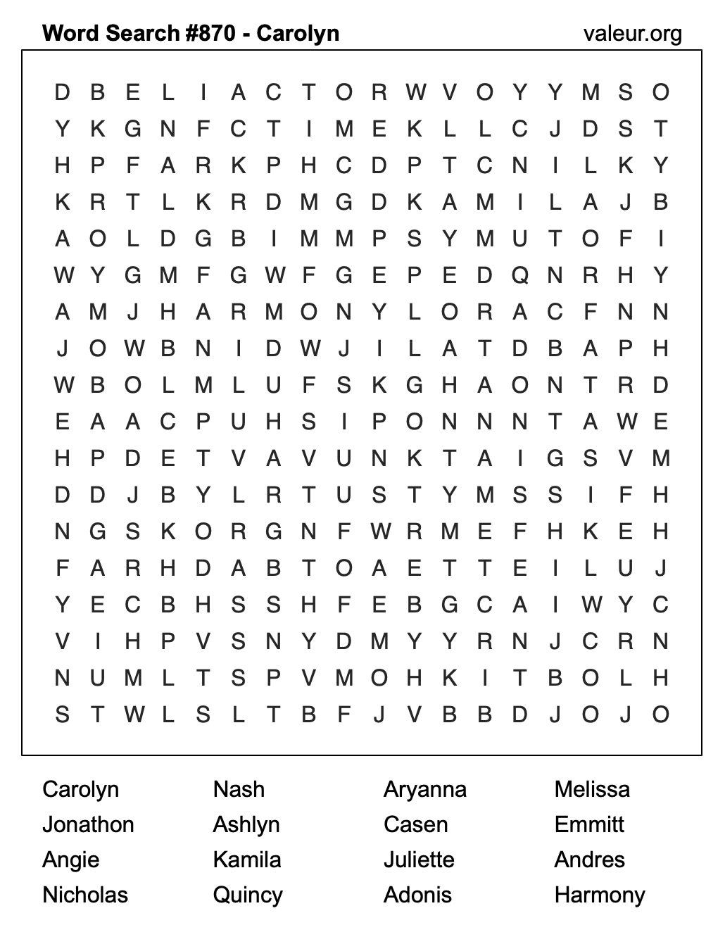 Word Search Puzzle with the name Carolyn #870 Word Search Puzzle with the name Carolyn #870