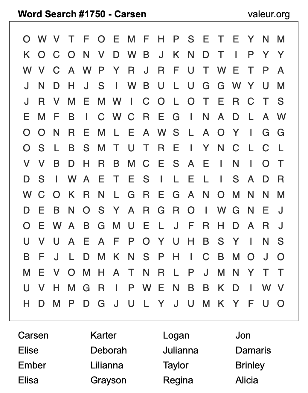 Word Search Puzzle with the name Carsen #1750