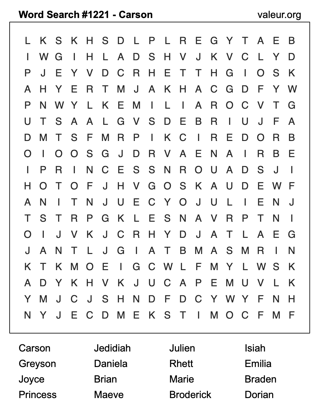 Word Search Puzzle with the name Carson #1221 Word Search Puzzle with the name Carson #1221