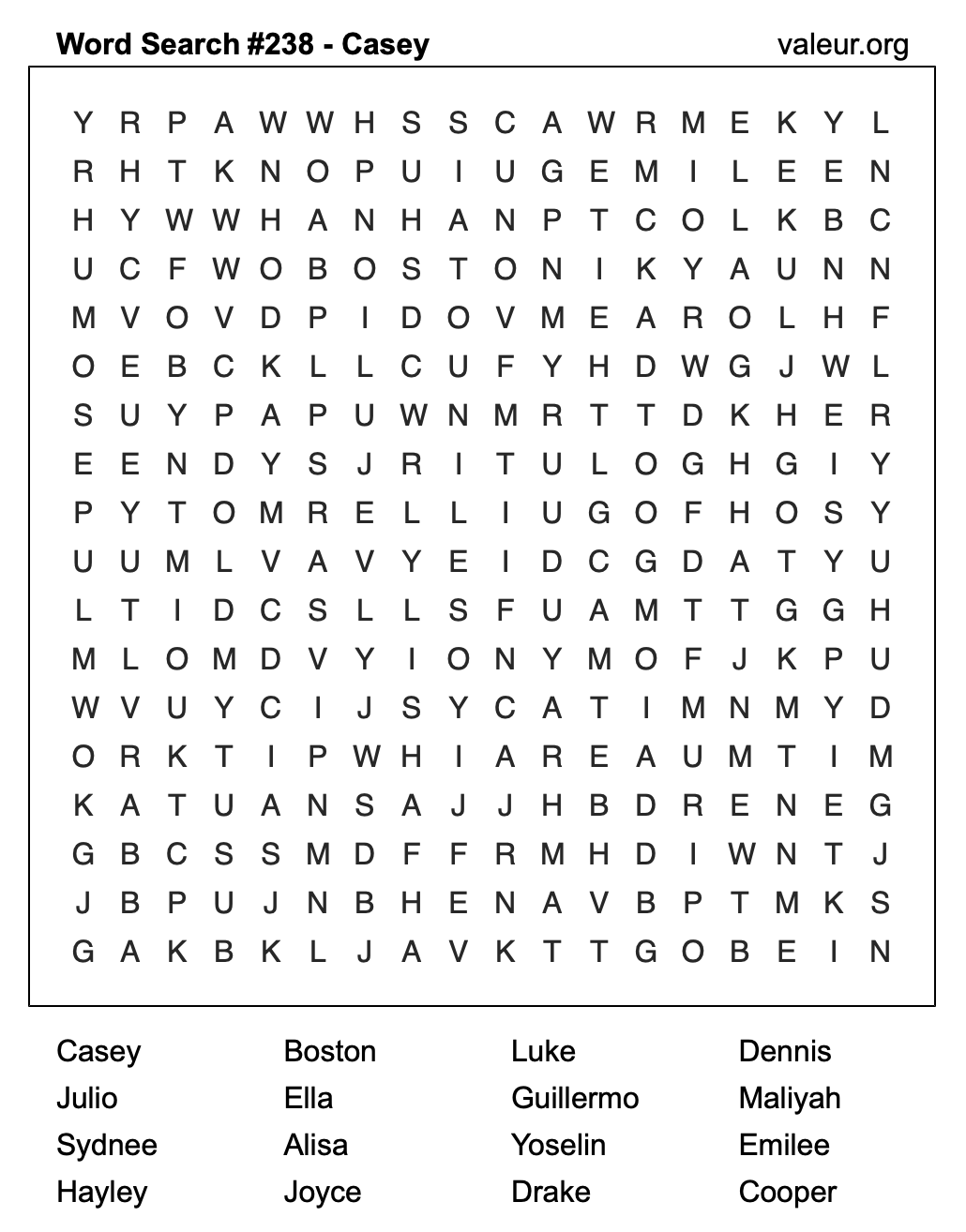 Word Search Puzzle with the name Casey #238