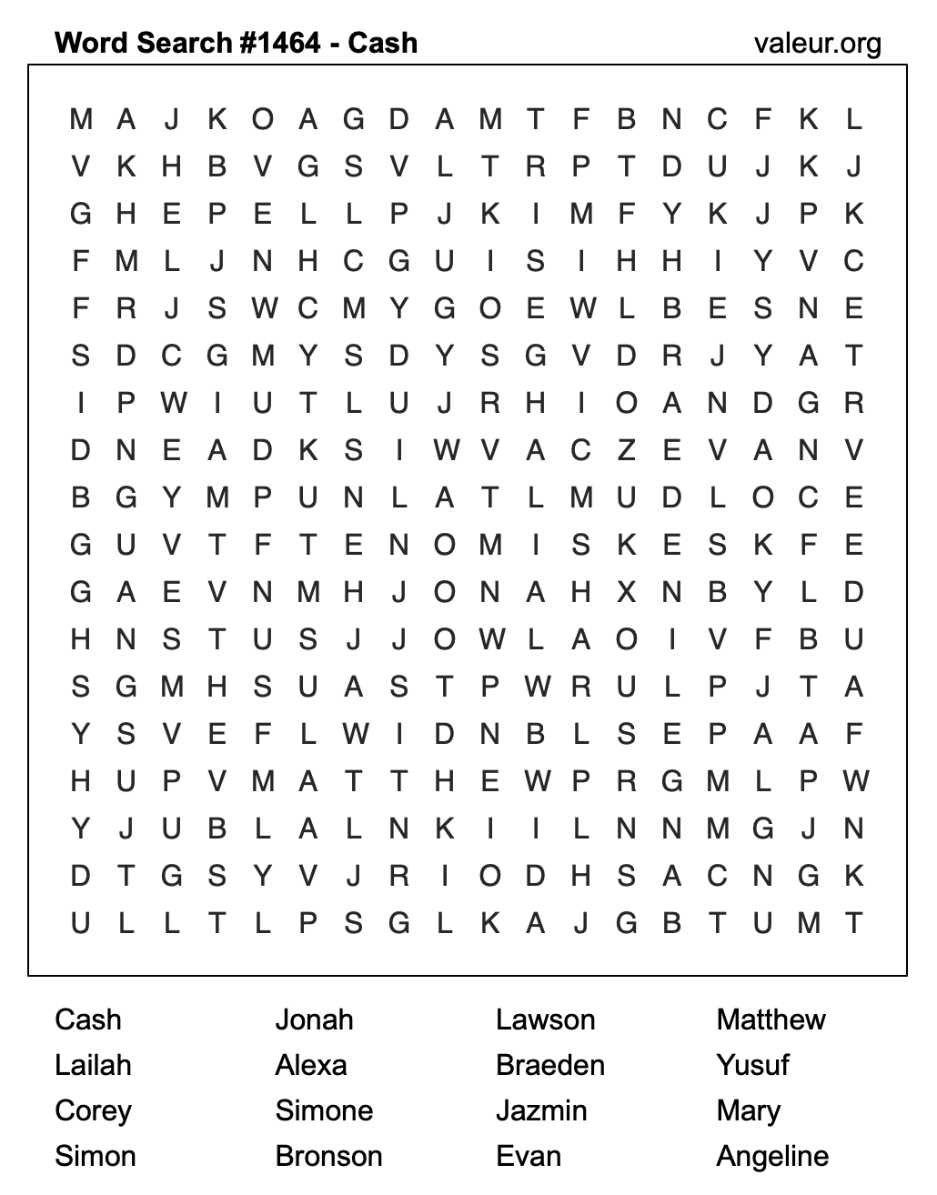 Word Search Puzzle with the name Cash #1464