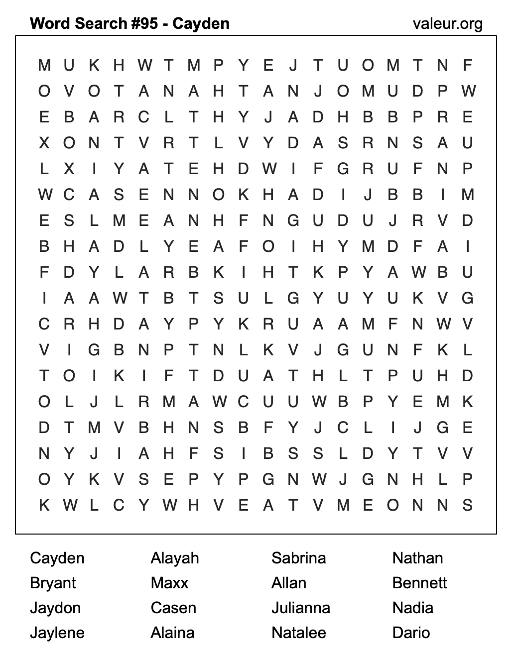 Word Search Puzzle with the name Cayden #95