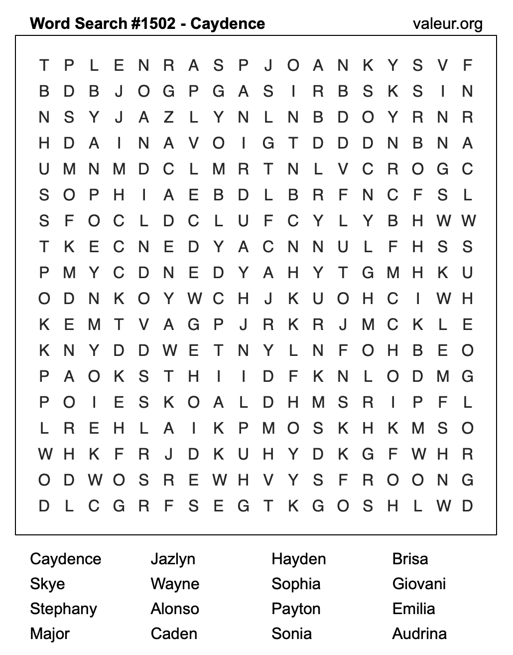 Word Search Puzzle with the name Caydence #1502