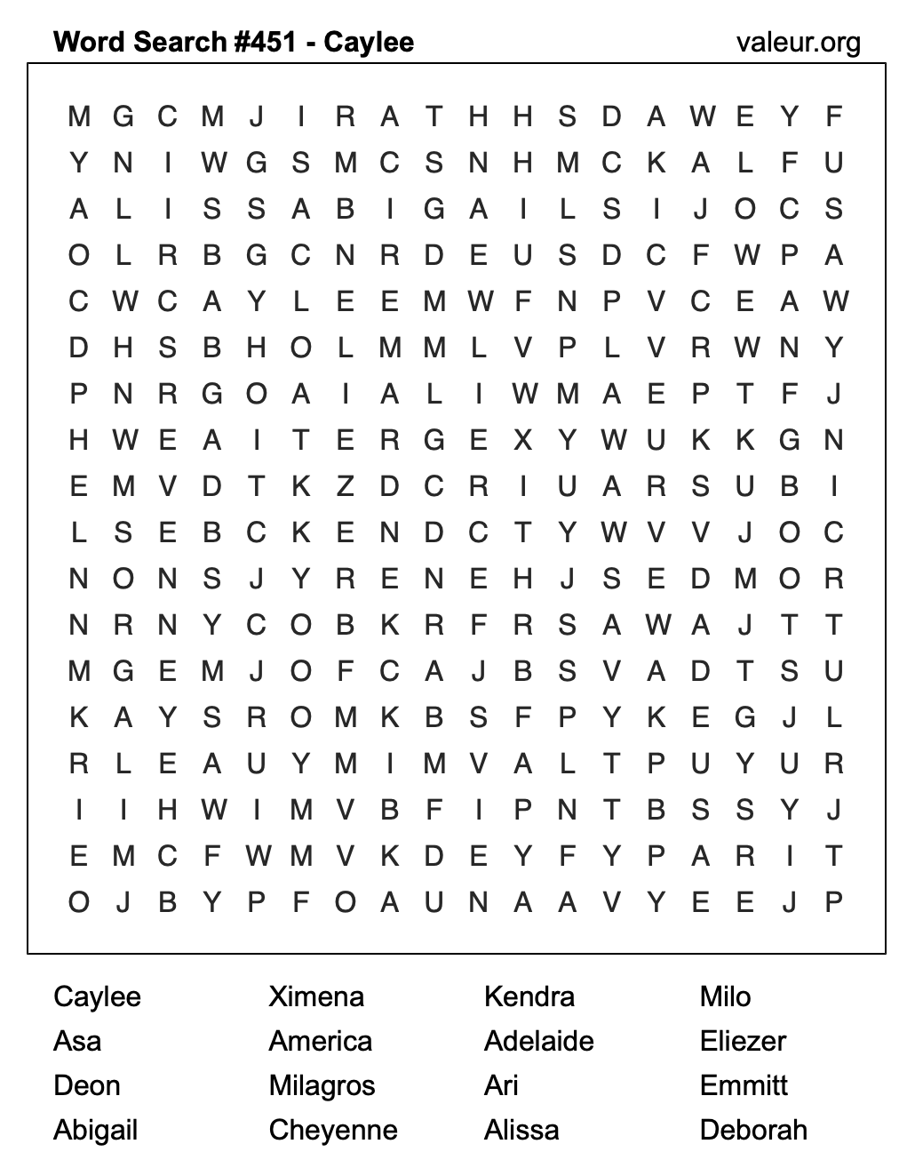 Word Search Puzzle with the name Caylee #451