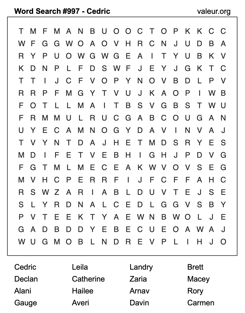 Word Search Puzzle with the name Cedric #997 Word Search Puzzle with the name Cedric #997