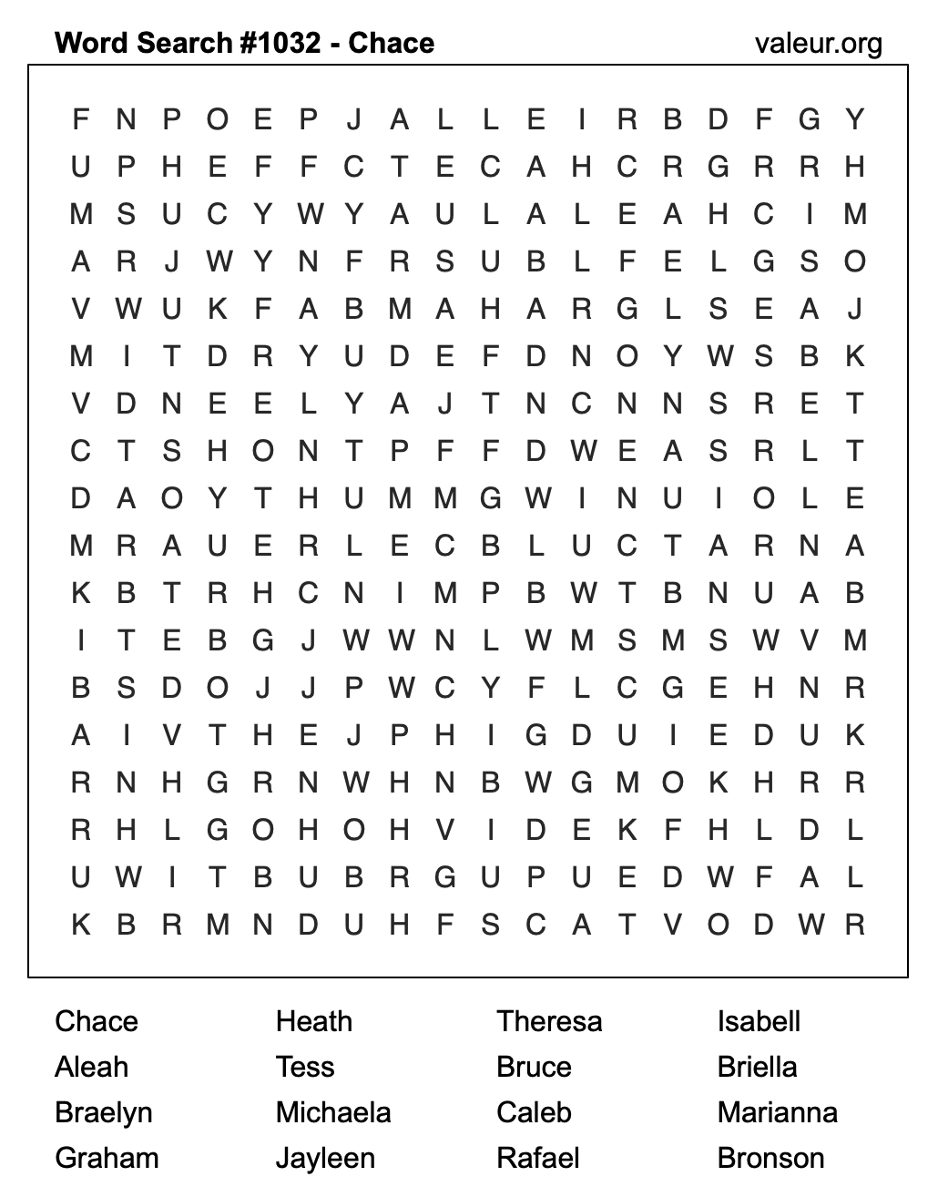 Word Search Puzzle with the name Chace #1032