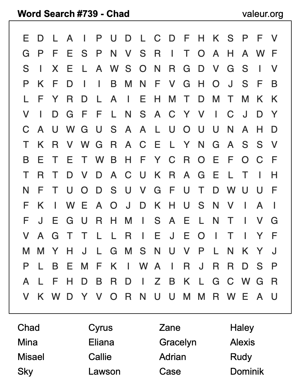 Word Search Puzzle with the name Chad #739