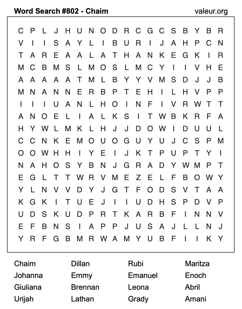 Word Search Puzzle with the name Chaim #802