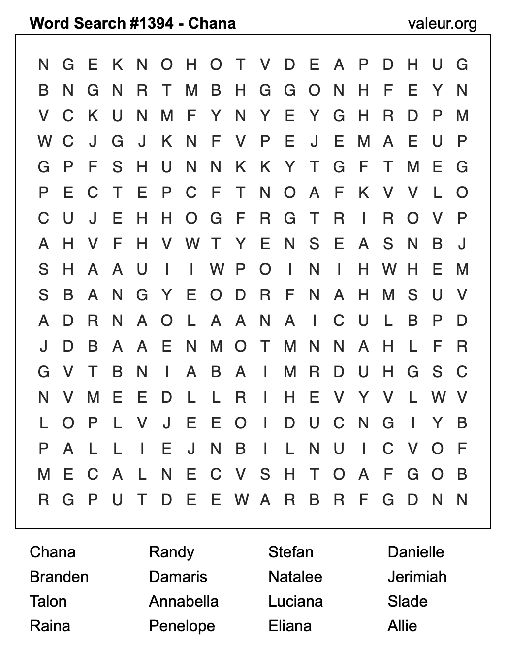 Word Search Puzzle with the name Chana #1394