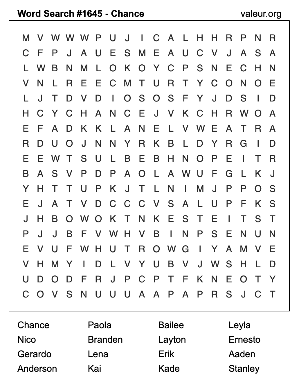 Word Search Puzzle with the name Chance #1645