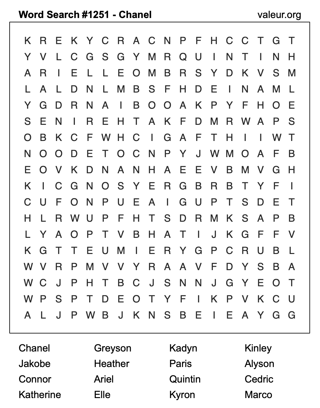 Word Search Puzzle with the name Chanel #1251