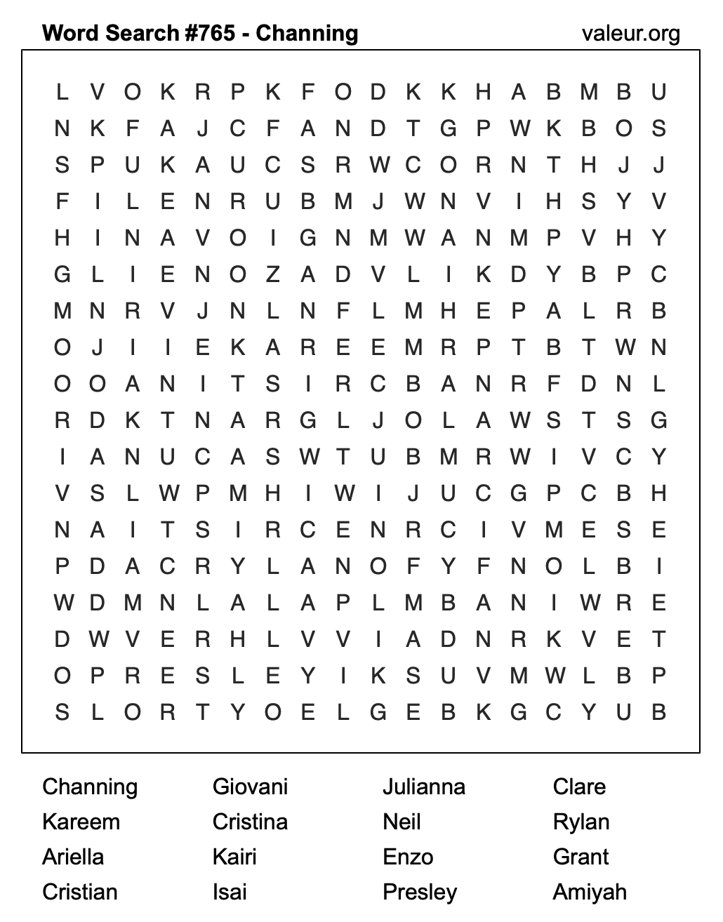 Word Search Puzzle with the name Channing #765