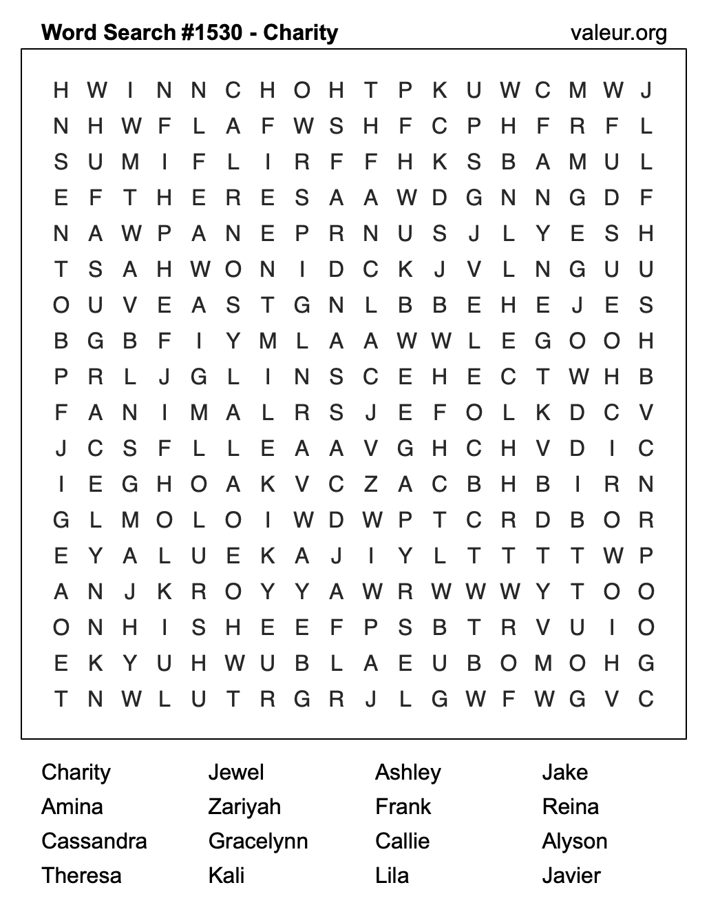 Word Search Puzzle with the name Charity #1530 Word Search Puzzle with the name Charity #1530