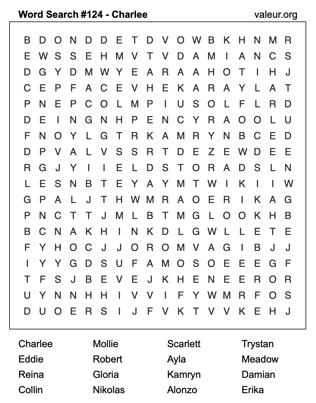Word Search Puzzle with the name Charlee #124