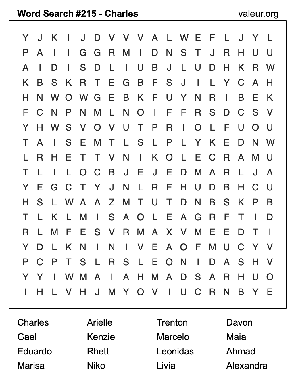 Word Search Puzzle with the name Charles #215