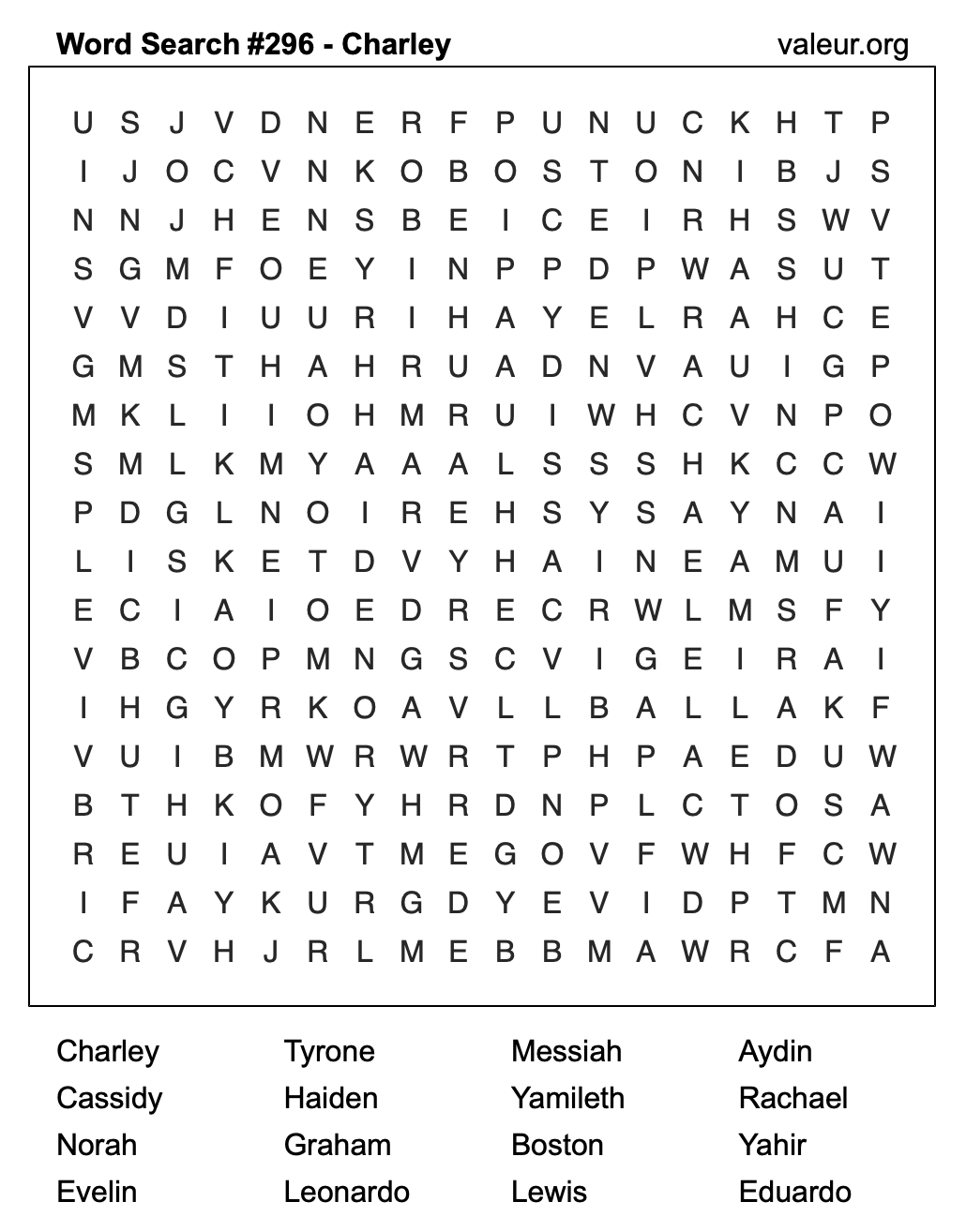 Word Search Puzzle with the name Charley #296