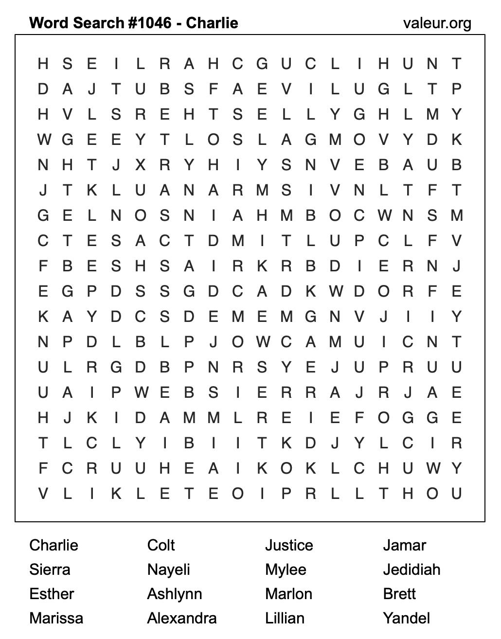 Word Search Puzzle with the name Charlie #1046