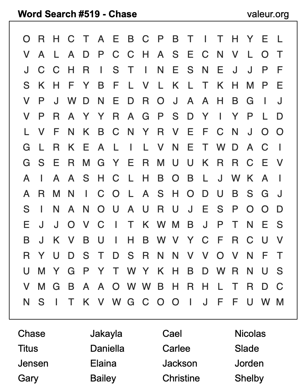 Word Search Puzzle with the name Chase #519 Word Search Puzzle with the name Chase #519