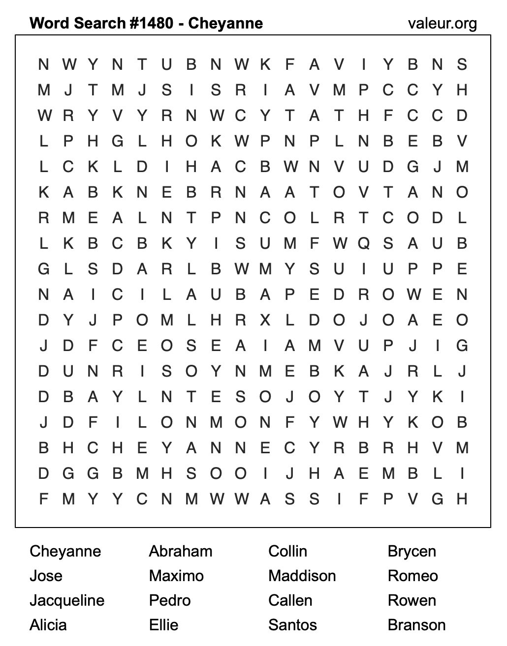 Word Search Puzzle with the name Cheyanne #1480