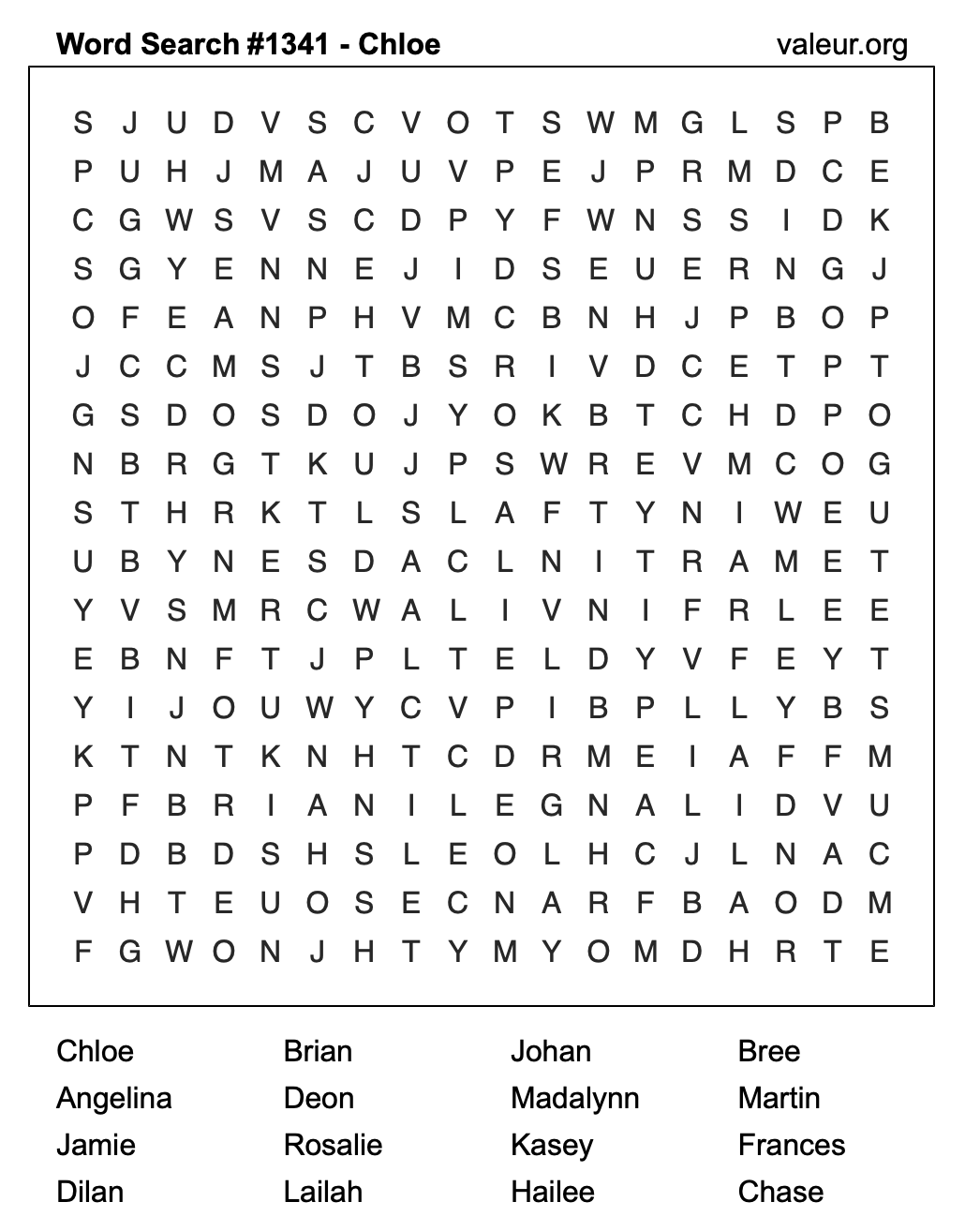 Word Search Puzzle with the name Chloe #1341 Word Search Puzzle with the name Chloe #1341