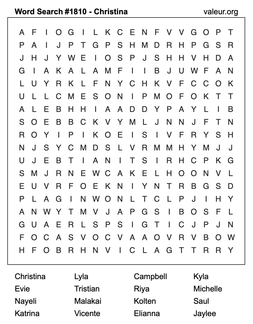 Word Search Puzzle with the name Christina #1810