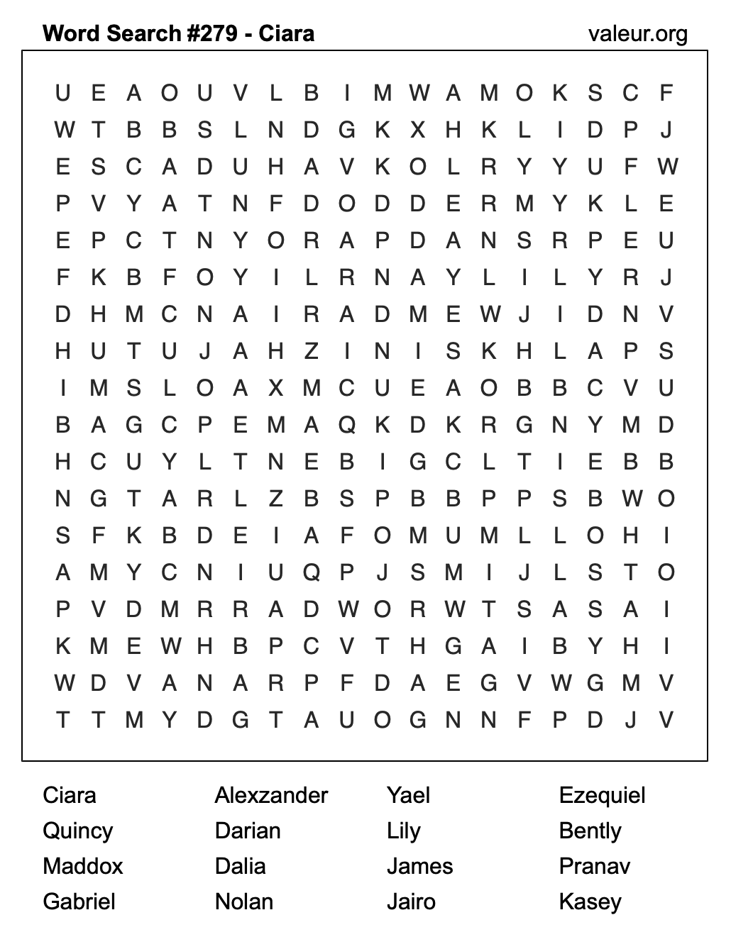 Word Search Puzzle with the name Ciara #279