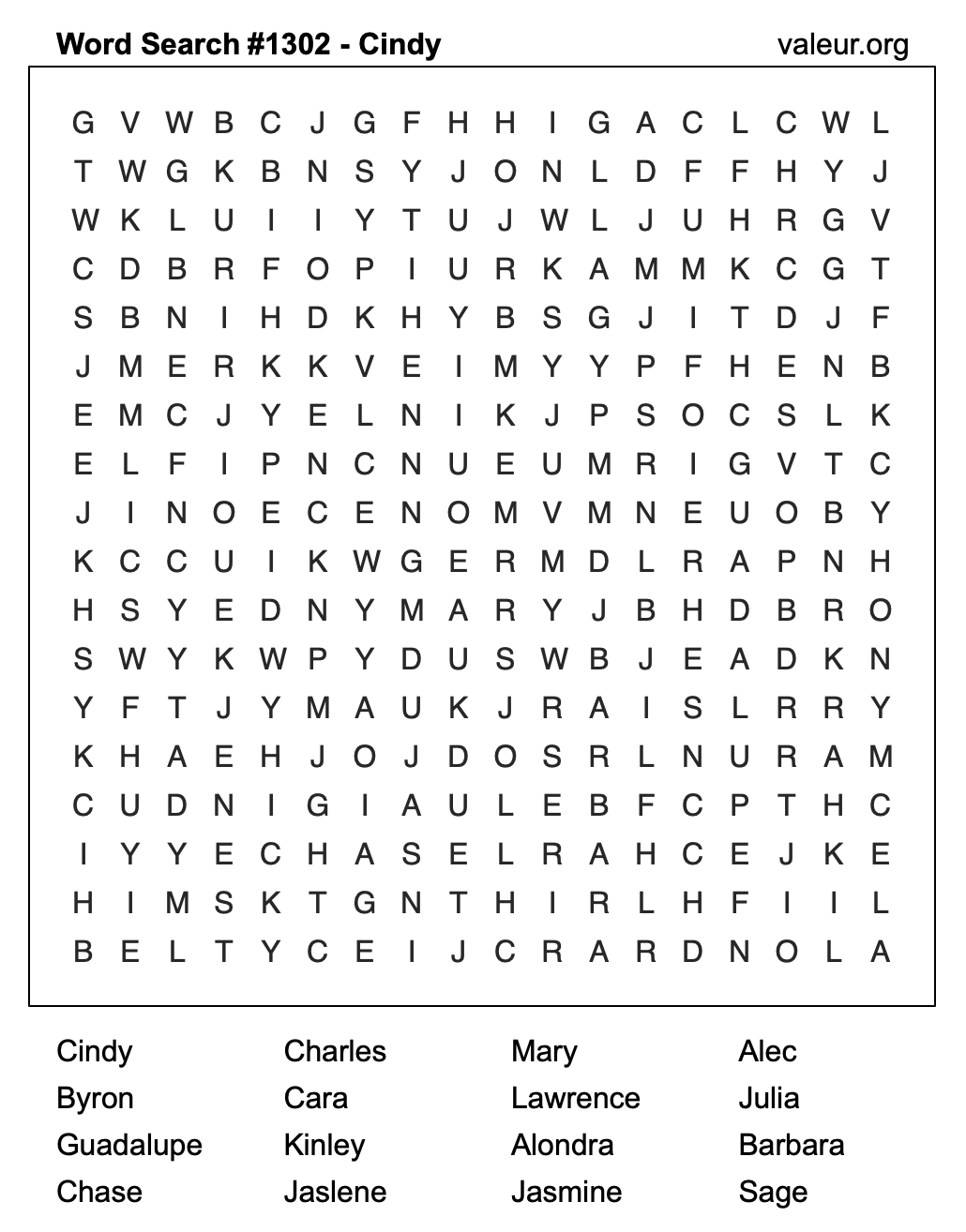 Word Search Puzzle with the name Cindy #1302
