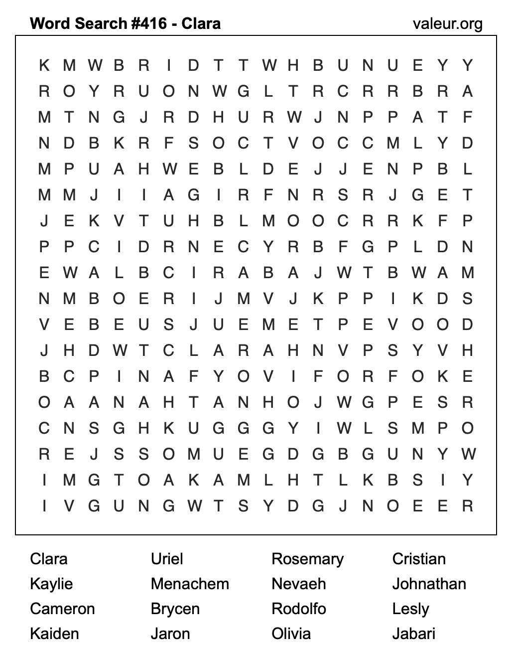 Word Search Puzzle with the name Clara #416
