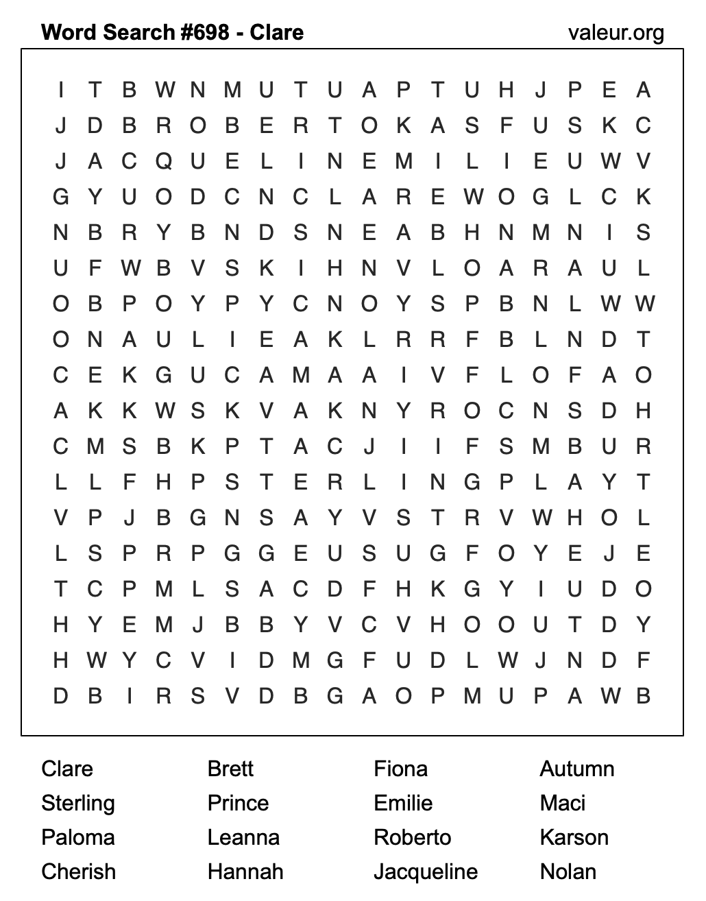Word Search Puzzle with the name Clare #698