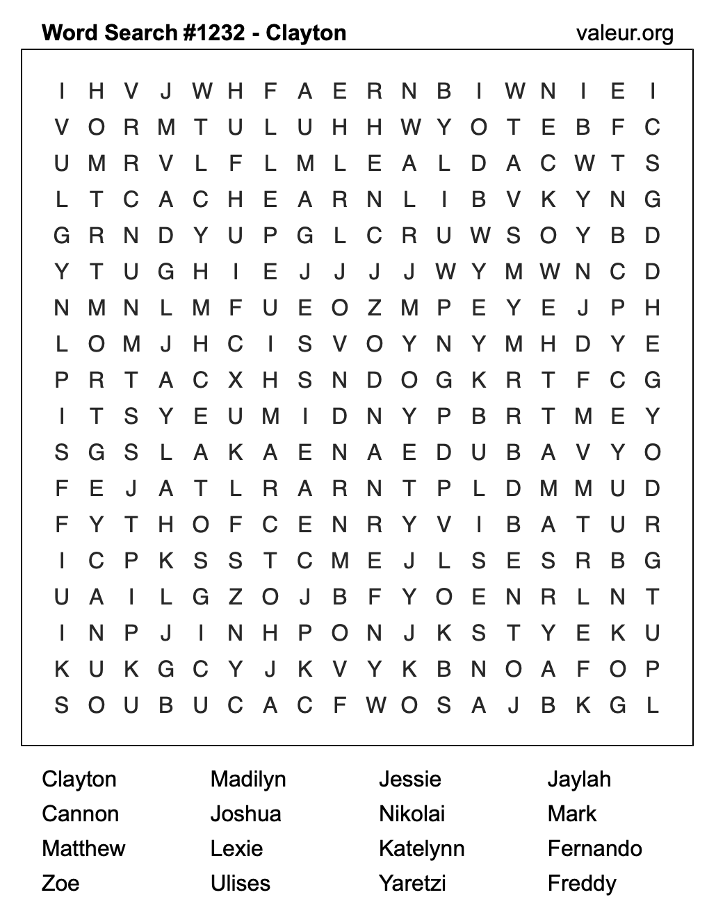 Word Search Puzzle with the name Clayton #1232 Word Search Puzzle with the name Clayton #1232