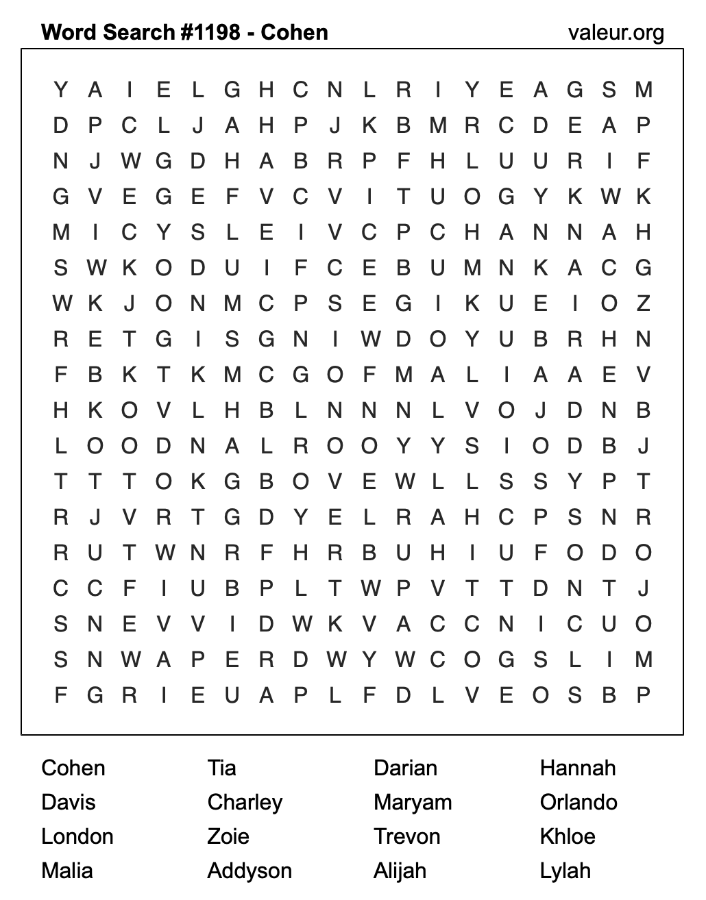 Word Search Puzzle with the name Cohen #1198