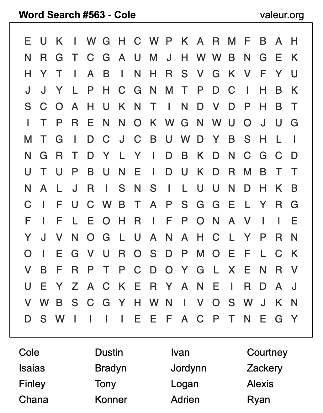 Word Search Puzzle with the name Cole #563