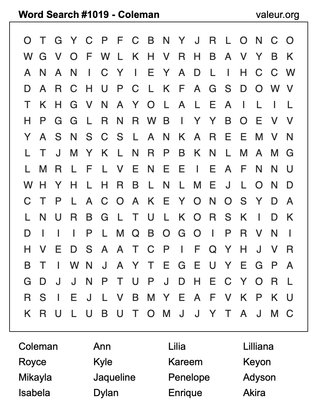 Word Search Puzzle with the name Coleman #1019
