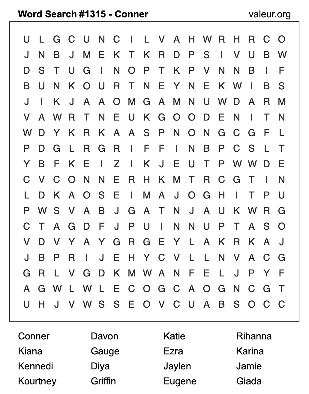 Word Search Puzzle with the name Conner #1315