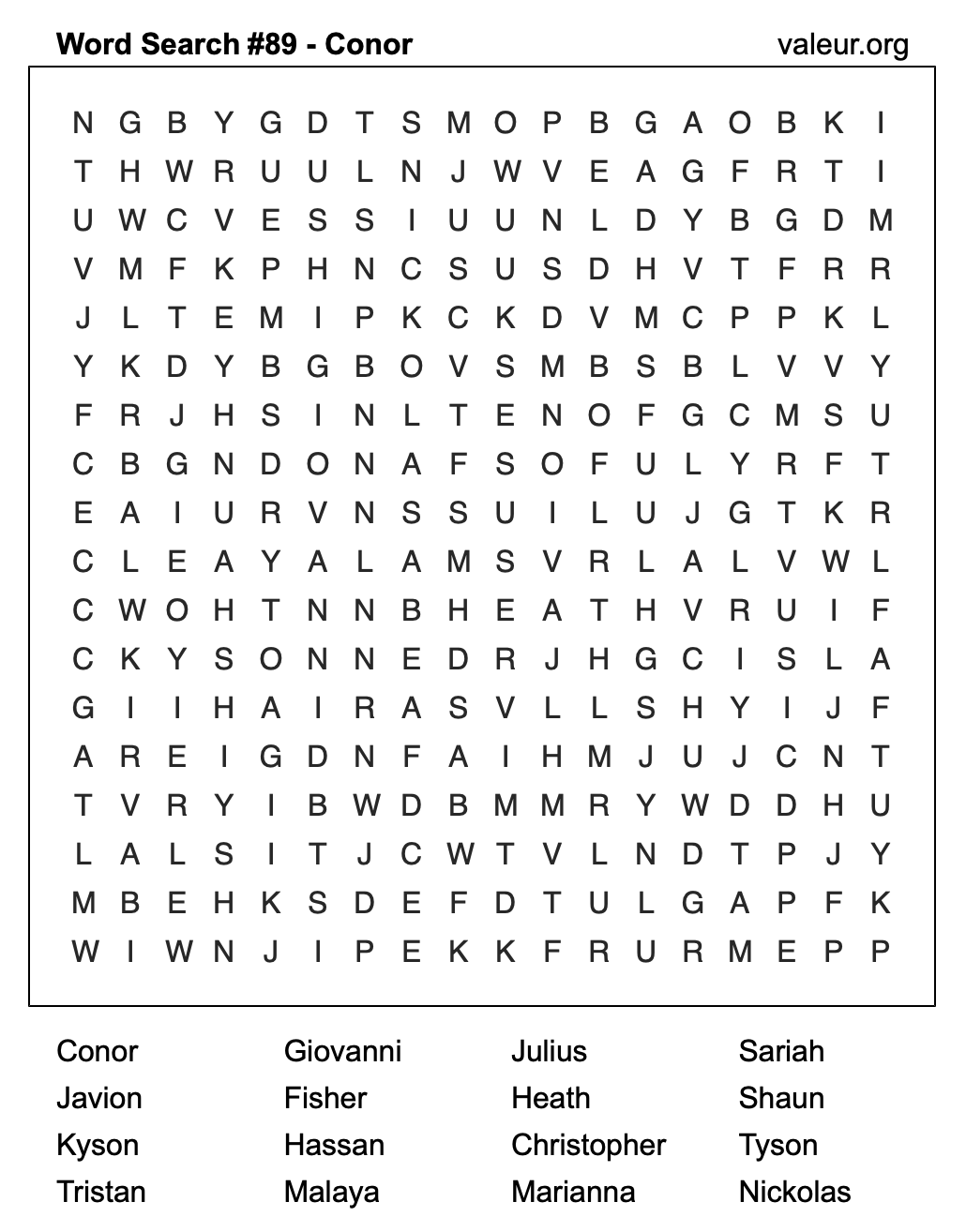 Word Search Puzzle with the name Conor #89
