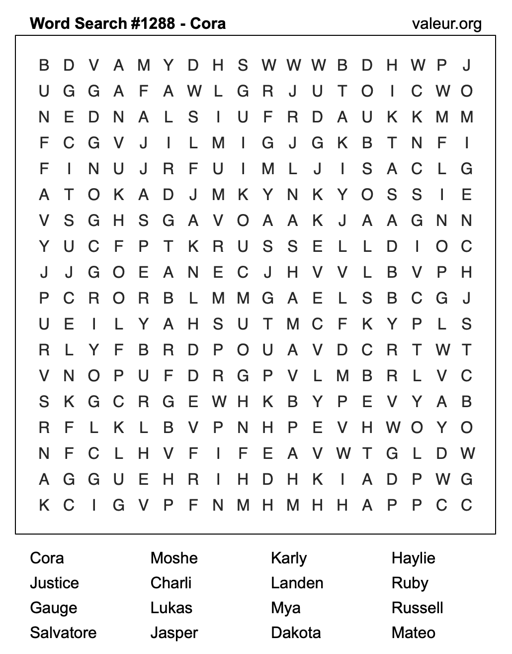 Word Search Puzzle with the name Cora #1288 Word Search Puzzle with the name Cora #1288