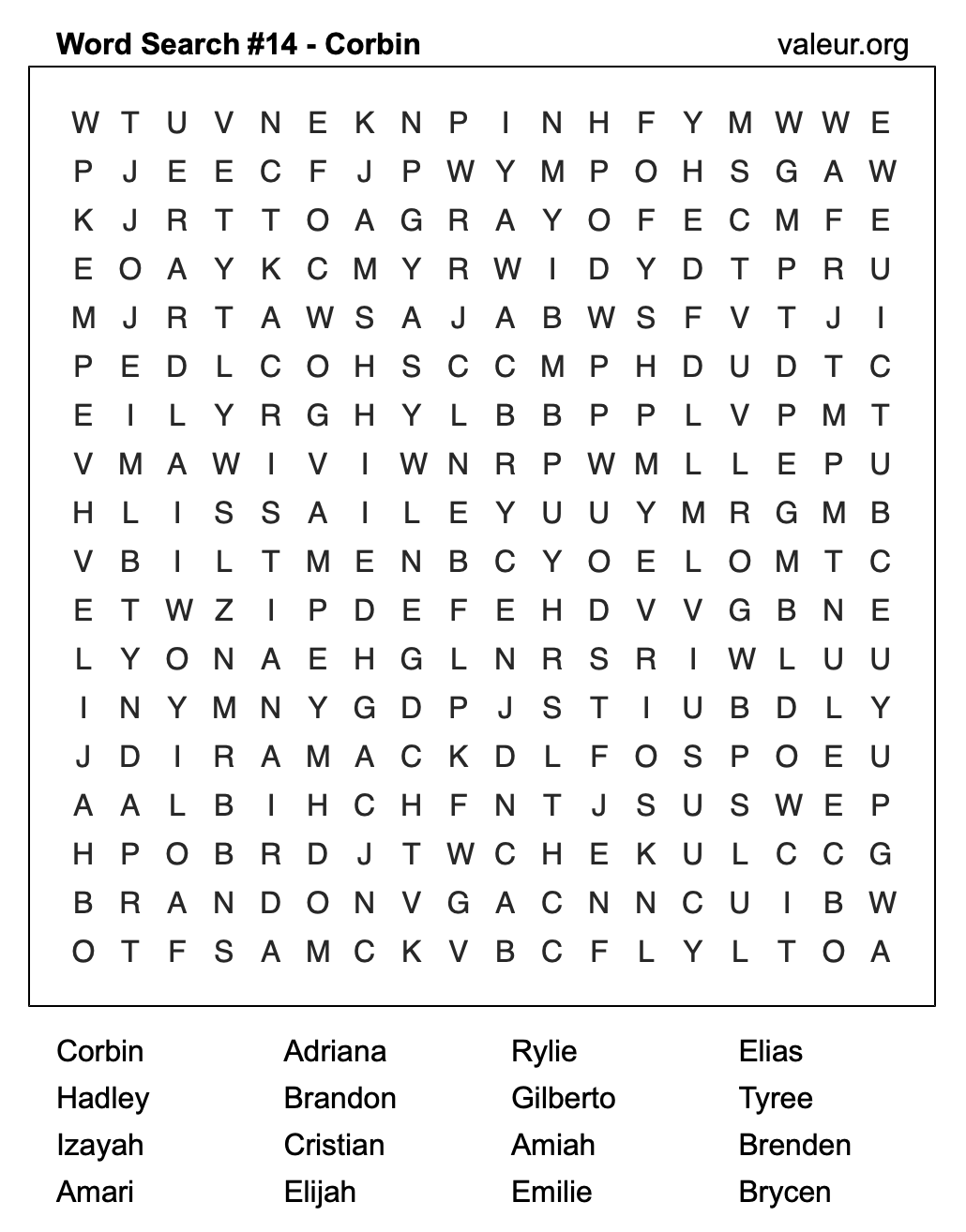 Word Search Puzzle with the name Corbin #14