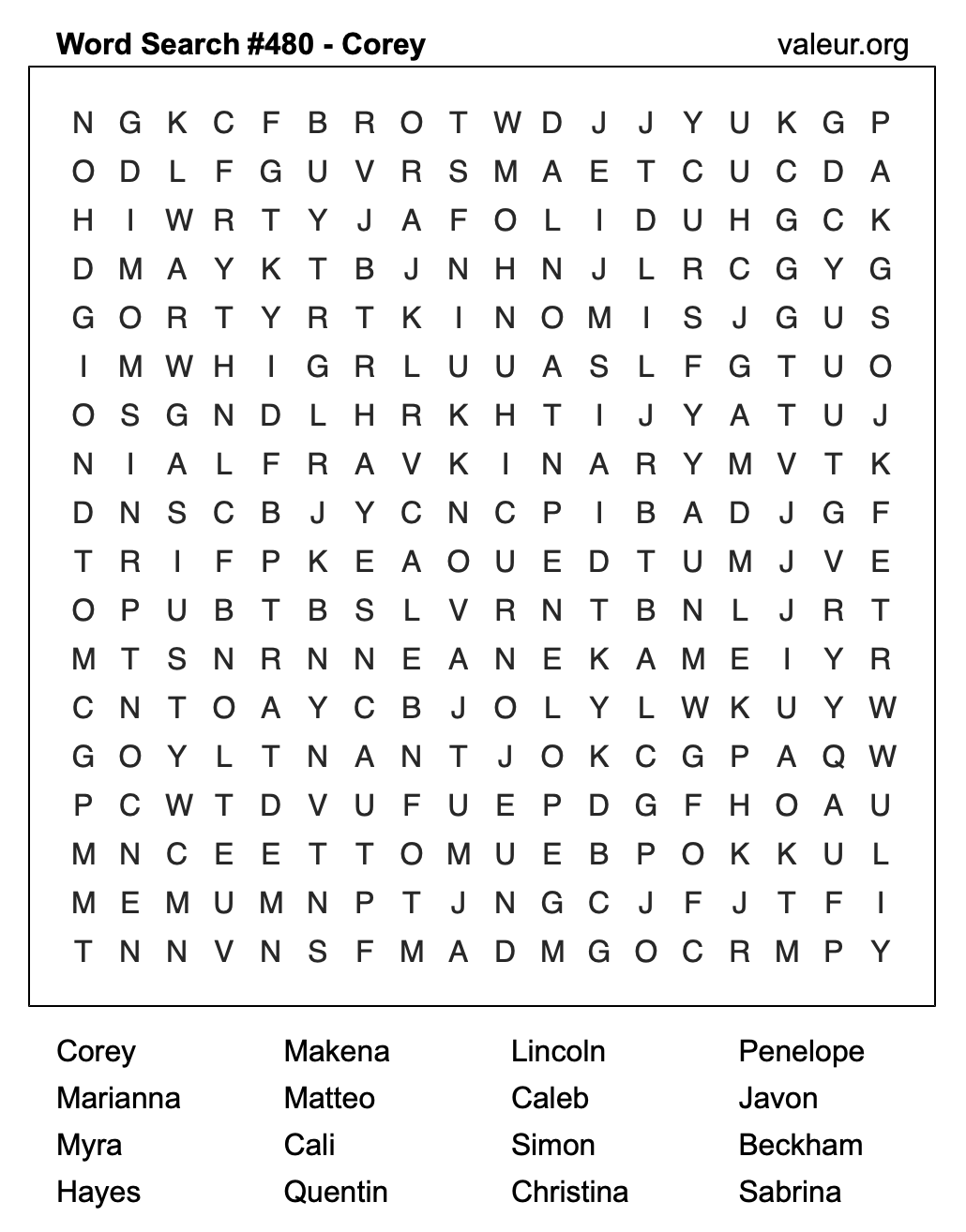 Word Search Puzzle with the name Corey #480