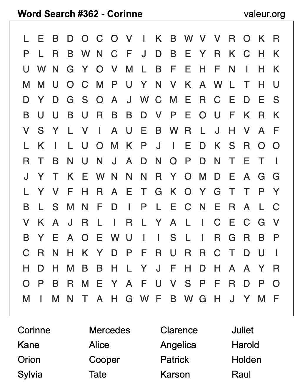 Word Search Puzzle with the name Corinne #362 Word Search Puzzle with the name Corinne #362