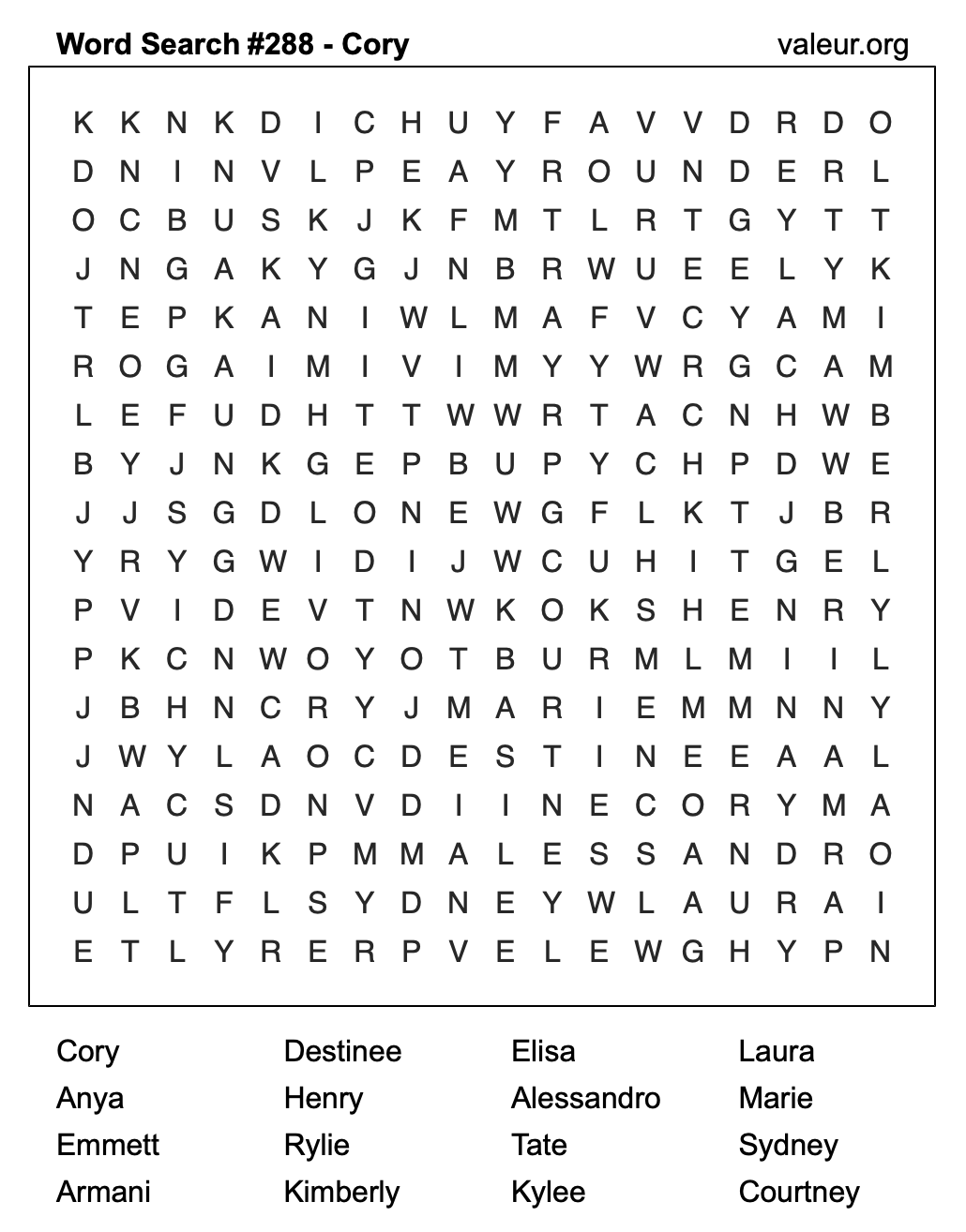 Word Search Puzzle with the name Cory #288