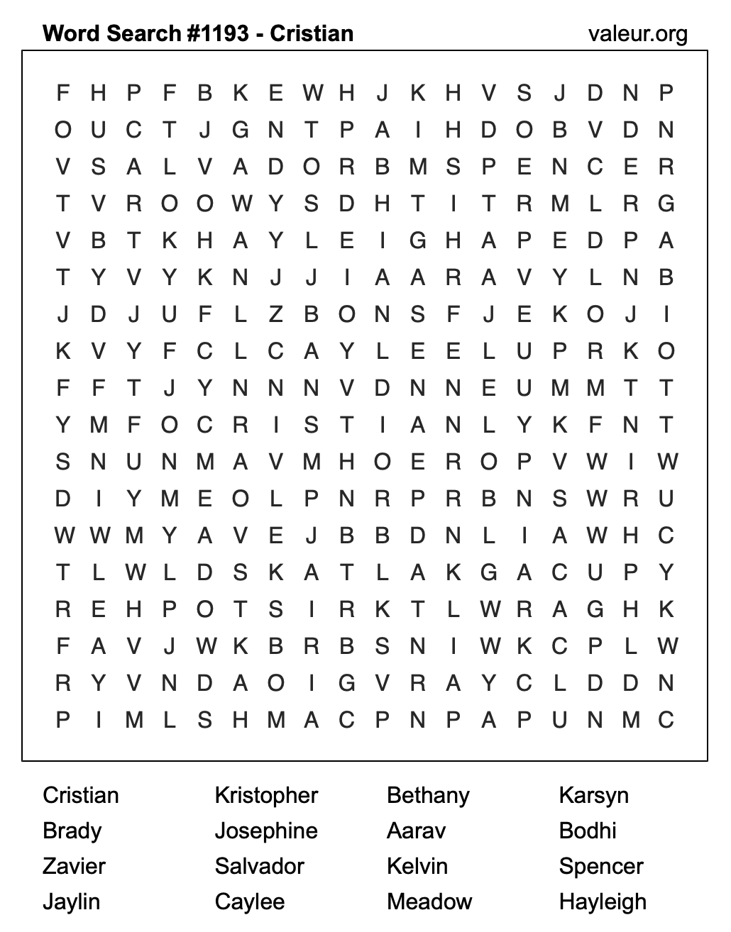 Word Search Puzzle with the name Cristian #1193