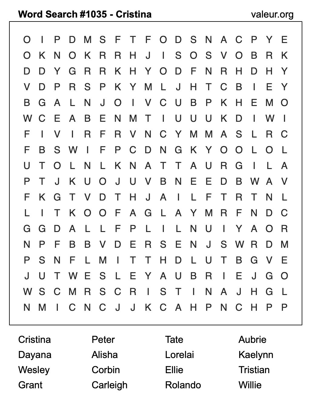 Word Search Puzzle with the name Cristina #1035