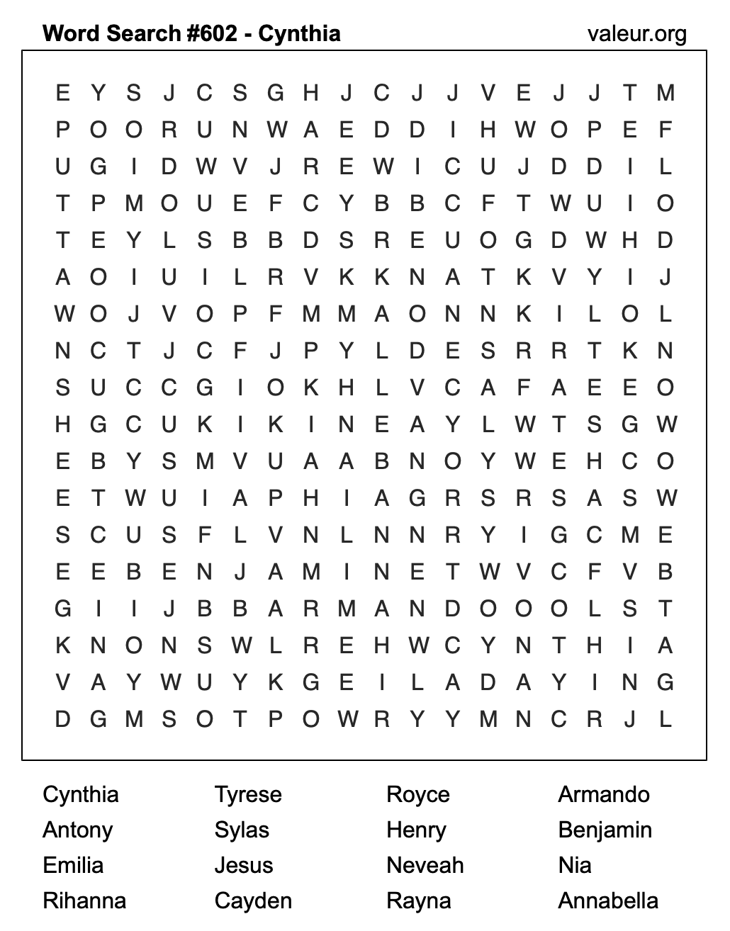 Word Search Puzzle with the name Cynthia #602 Word Search Puzzle with the name Cynthia #602