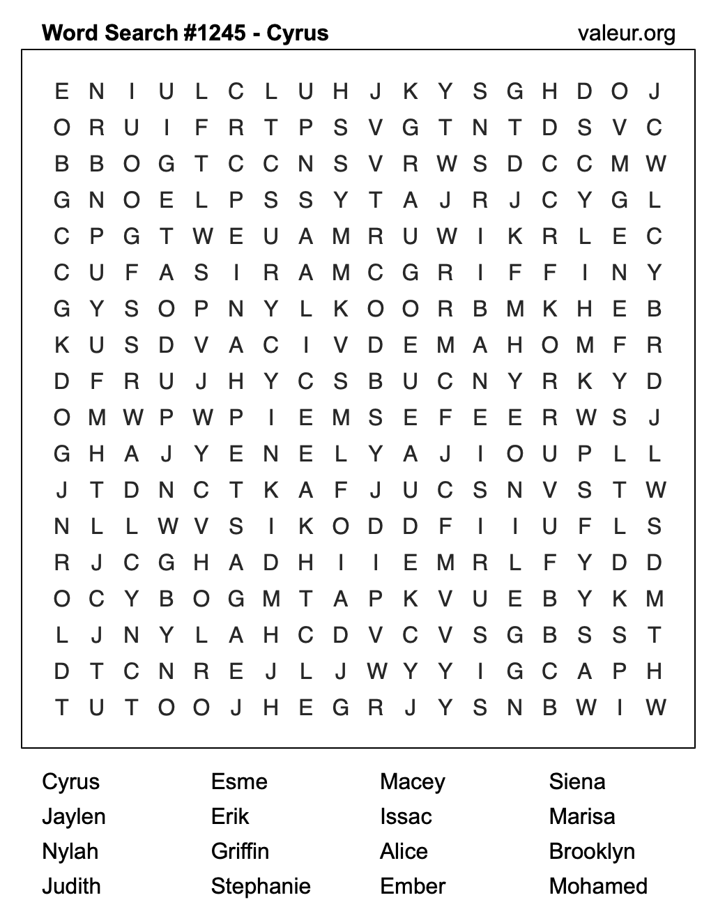 Word Search Puzzle with the name Cyrus #1245