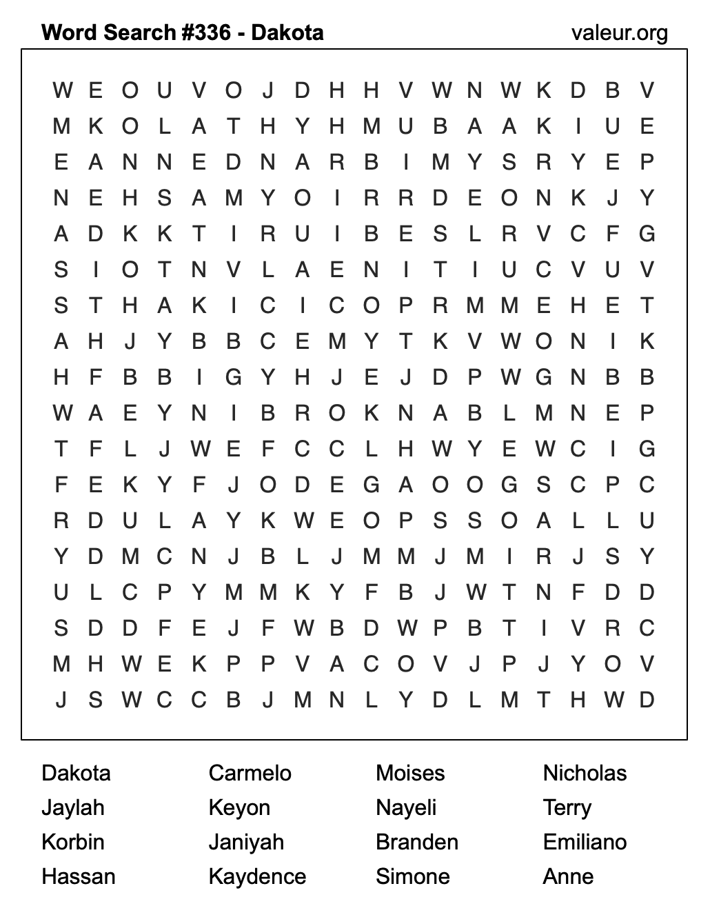 Word Search Puzzle with the name Dakota #336