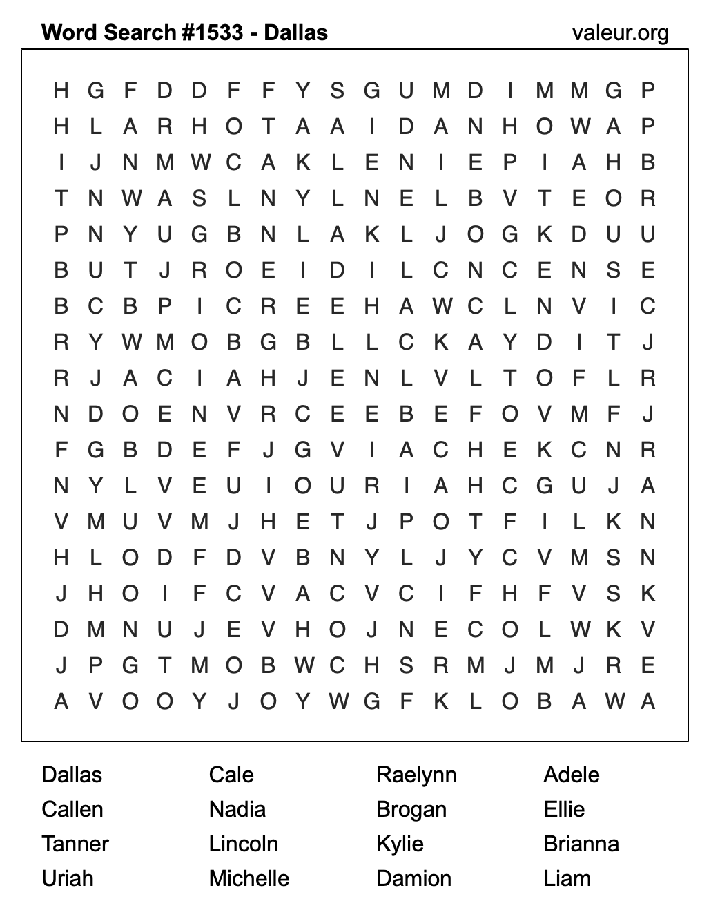 Word Search Puzzle with the name Dallas #1533