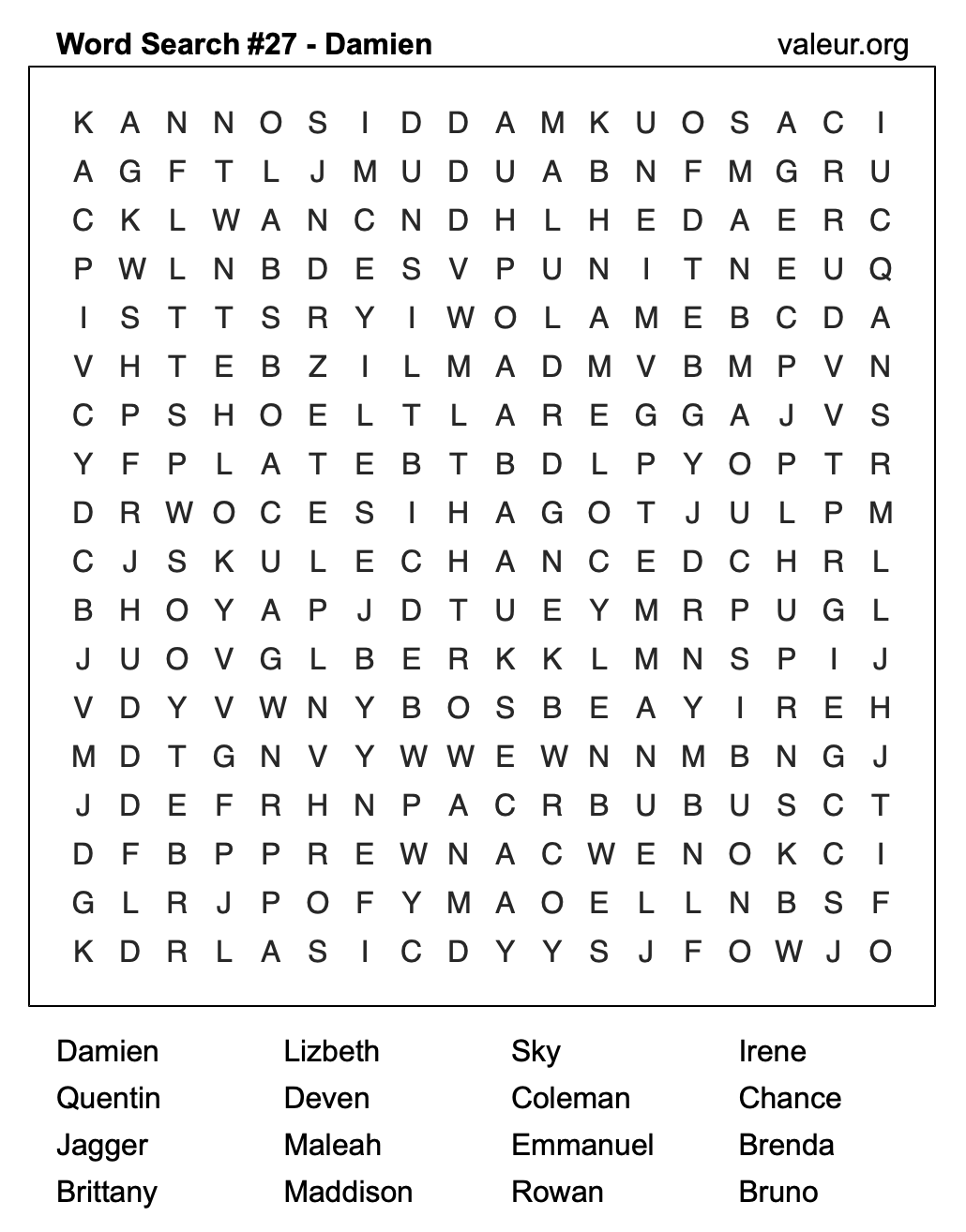 Word Search Puzzle with the name Damien #27 Word Search Puzzle with the name Damien #27