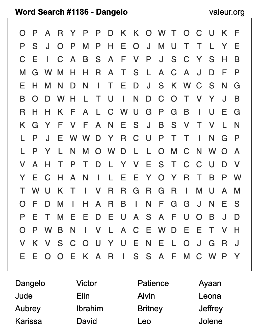 Word Search Puzzle with the name Dangelo #1186