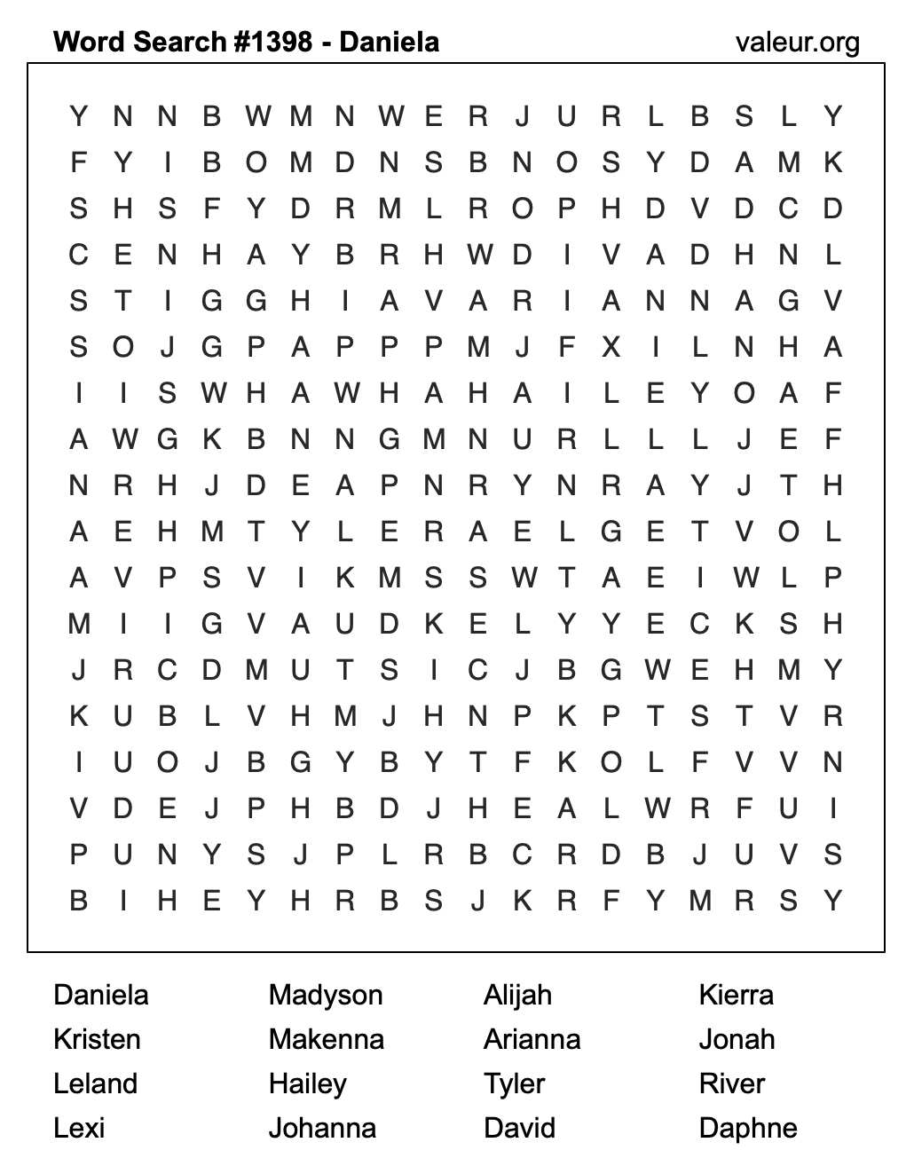 Word Search Puzzle with the name Daniela #1398