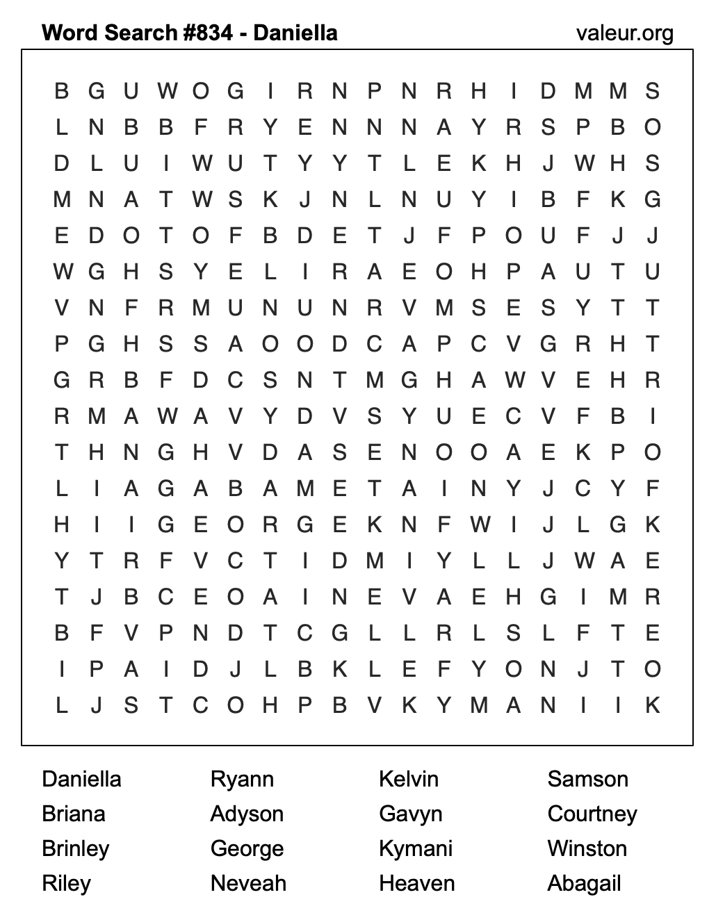 Word Search Puzzle with the name Daniella #834